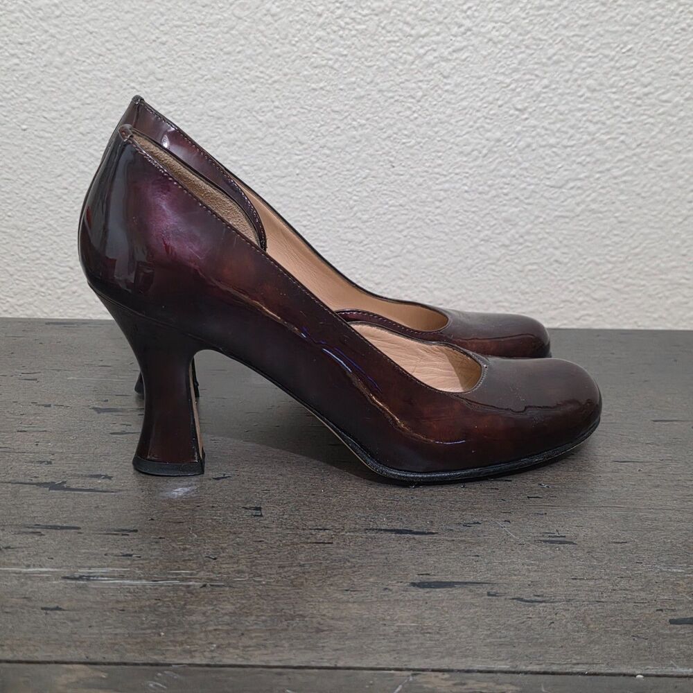 Anyi Lu Handmade Italy Burgundy Patent Leather Flared Heel Womens Pumps 38 7.5